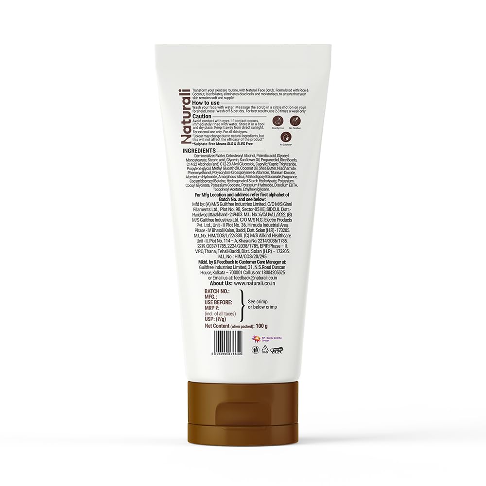 Naturali Radiant Glow Face Scrub With Rice & Coconut | Improves Skin Texture | Smoothens & Softens Skin | Paraben & Mineral Oil Free | 100g