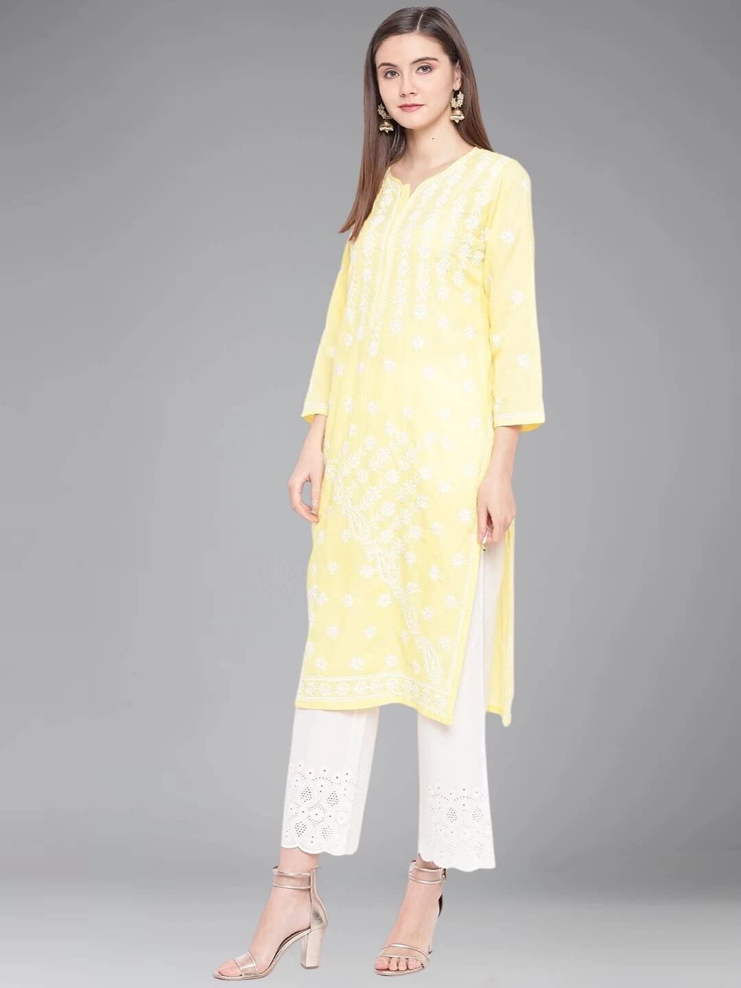 Ada Hand Embroidered Lucknowi Chikankari Ethnic Wear Cotton Kurta Kurti Tunic for Women