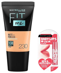 Maybelline New York Liquid Foundation, Matte & Poreless, Full Coverage Blendable Normal to Oily Skin, Fit Me, 230 Natural Buff & Maybelline New York Baby Lips Lip Balm, Cherry Kiss, 4g
