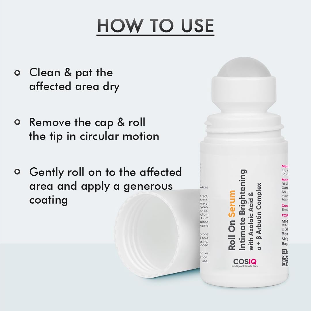 Cos-IQ Intimate Brightening Roll-On Serum | With Azelaic Acid & Alpha + Beta Arbutin Complex | For Dark Underarms, Inner Thighs, Knees & Bikini Area | Intimate Areas for Women & Men | 40ml