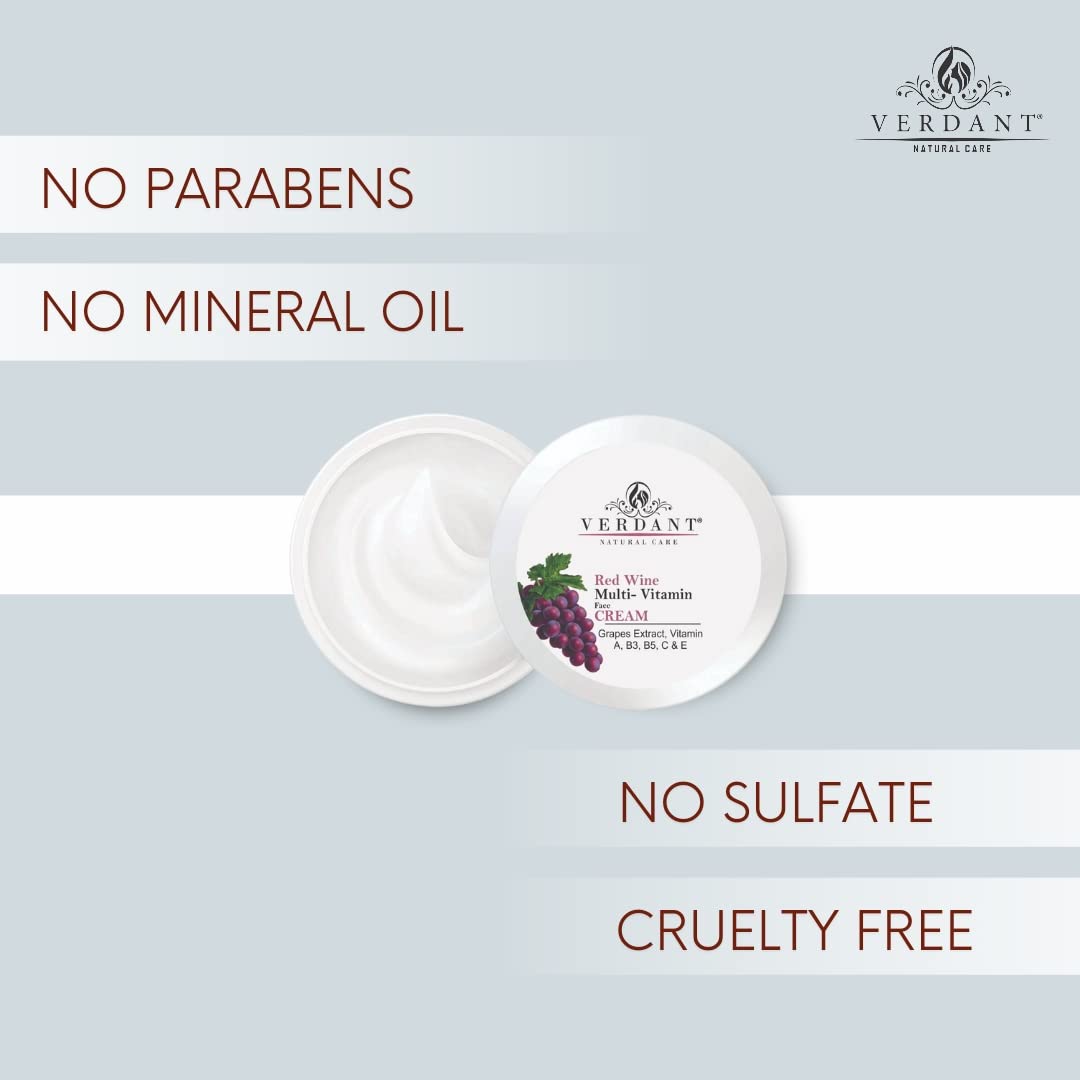 Verdant Natural Care Skin Brightening & Anti-Ageing Red Wine Face Cream with Grapes Extract | Red Vine Cream | Multi-Benefits Face Moisturizer | Anti-Aging Cream | Tanning & Pigmentation Control, Anti-Marks | Spots & Tan Removal Cream - Sulphate & Paraben