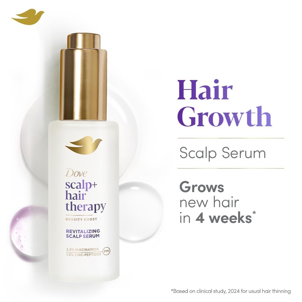 Dove Scalp + Hair Therapy Density Boost Revitalizing Scalp Serum with active ingredients 2.5% Niacinamide and 1.5% Zinc-peptides for visibly denser hair growth