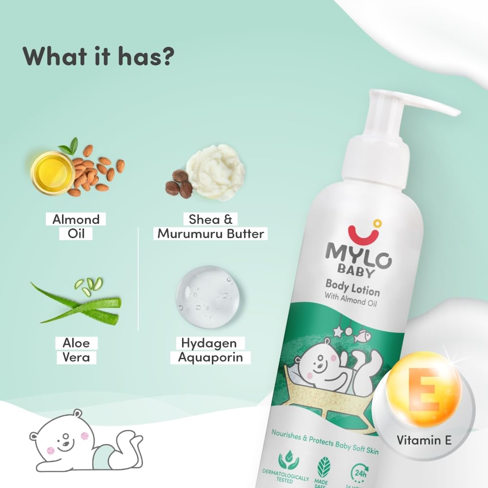 Mylo Baby Body Lotion 200ml Pack of 2 | Made Safe Certified | Dermatologically Tested | Long Lasting 24 Hours Moisturization | Soothes Dryness