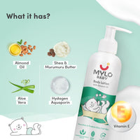 Mylo Baby Body Lotion 200ml Pack of 2 | Made Safe Certified | Dermatologically Tested | Long Lasting 24 Hours Moisturization | Soothes Dryness
