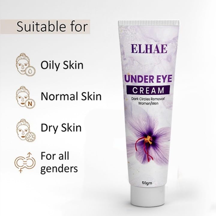 ELAHE Under Eye Cream for Dark Circles - Gel-Based, Organic & Natural with Saffron, Almond, Turmeric, Aloe - Anti-Puffiness, Wrinkle Care & Brightening for Women & Men - 50g