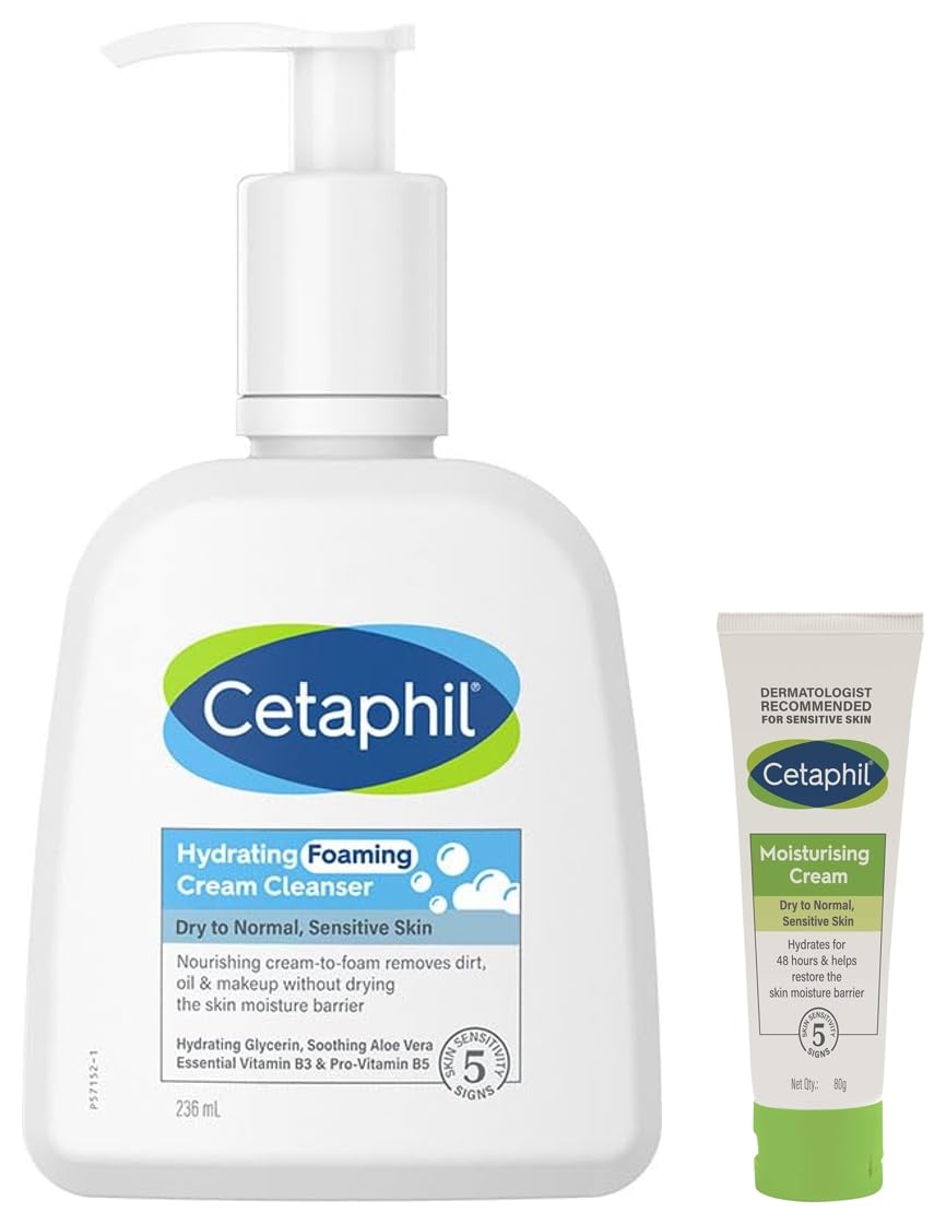 Cetaphil Hydrating foaming Face Wash, Cream to Foam Cleanser 236ml | Niacinamide, Pro-Vitamin B5 & and Aloe for Gentle Cleansing Moisturising Cream for Face & Body, Dry to Normal skin, 80 gm