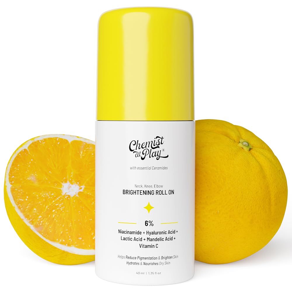 Chemist at Play Brightening Roll On For Neck, Knee & Elbow With 6% Vitamin C+ Hyaluronic Acid, AHAs, Niacinamide, & Ceramides | Helps Reduction in Pigmentation & Hydrates Dry Skin | 40ml