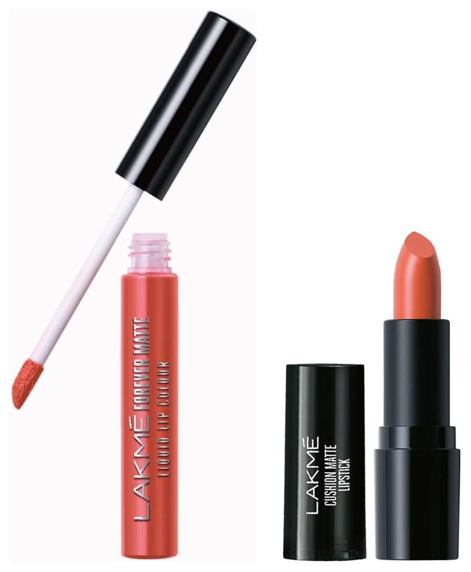 Lakmé Forever Matte Liquid Lip Colour, Orange Tango, 5.6 Ml & Cushion Matte Lipstick, Orange Blossom, 4.5 G