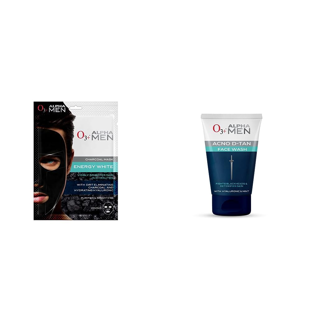 O3+ ALPHA MEN Energy White Charcoal Face Sheet Mask 30g with Charcoal & Hydrating Hyaluronic to Purify & Brighten Skin & O3+ ALPHA MEN Acno D-TAN Face Wash with Hyaluronic & Mint, 50ml Combo