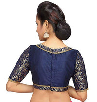 X3 Women's  Brocade And Silk Readymade Saree Blouse With Boat Neck And Elbow Length Sleeves Navy Blue 36