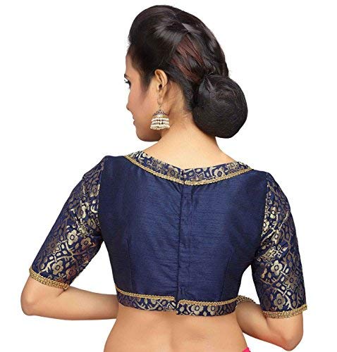 X3 Women's  Brocade And Silk Readymade Saree Blouse With Boat Neck And Elbow Length Sleeves Navy Blue 36