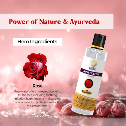 Khadi Mauri Herbal Rose Water - Herbal Gulab Jal Skin Toner, Tightens Pours, Smoothen Skins & Fights Damage - 210 ML