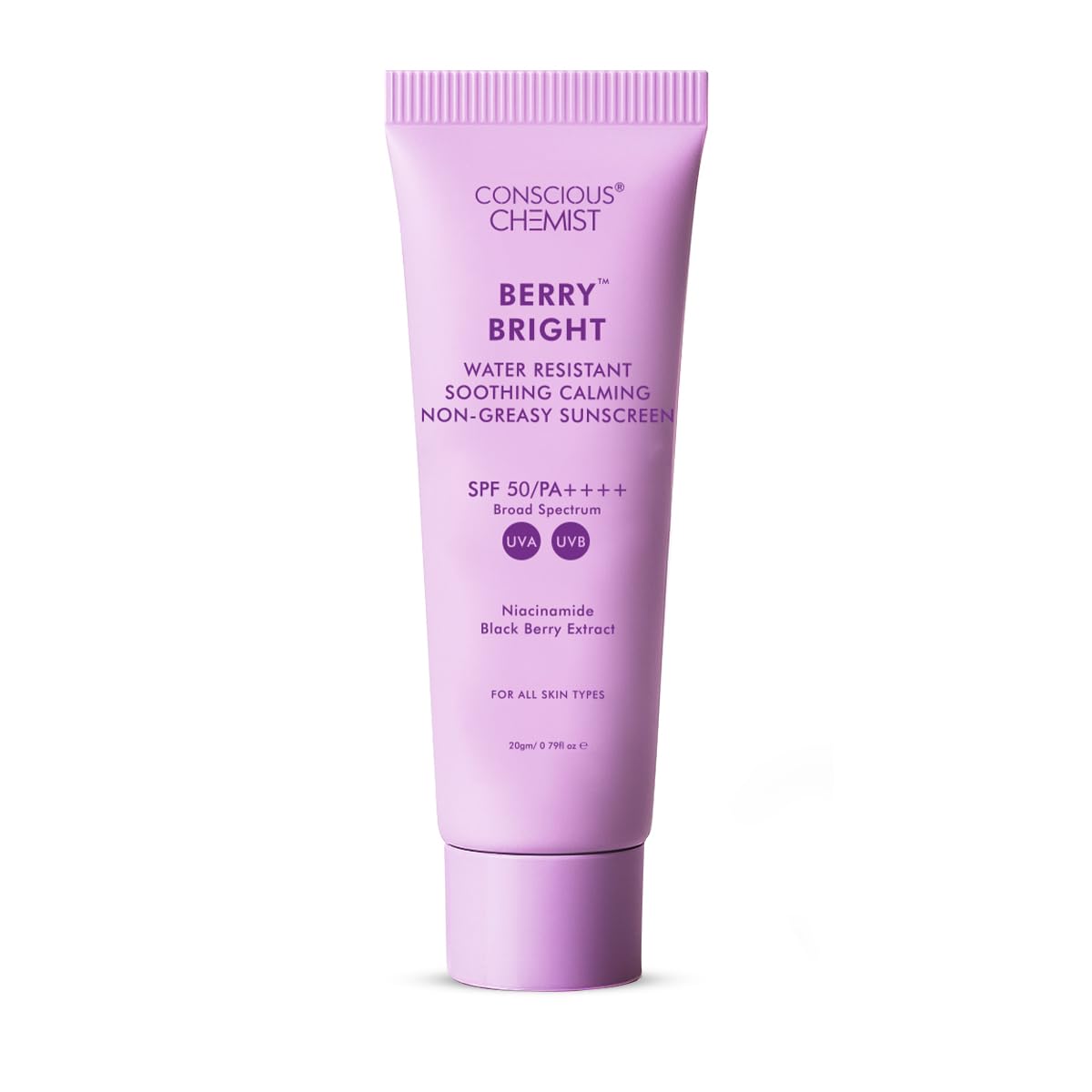 Conscious Chemist® Sunscreen SPF 50 PA++++ | 20g | For Oily Skin, Gel Sunscreen, Niacinamide Sunscreen with Black Berry Extract, Hybrid Lightweight, Water Resistant, All Skin Types - Berry Bright