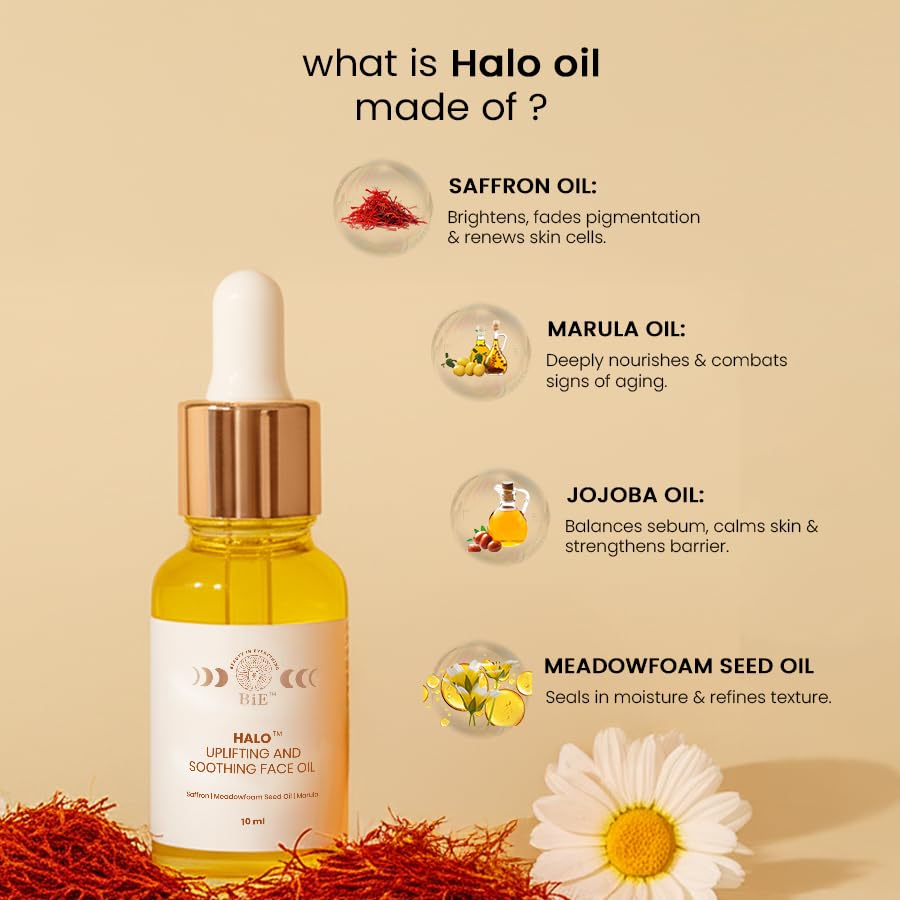 BiE Halo Uplifting & Soothing Face Oil | Pure Saffron Facial Oil | Brightens Skin, Targets Pigmentation & Wrinkles, Stretch Marks | For Dry to Normal Skin | Non Greasy & Pure Kumkumadi Tailam | Unisex | 10ml