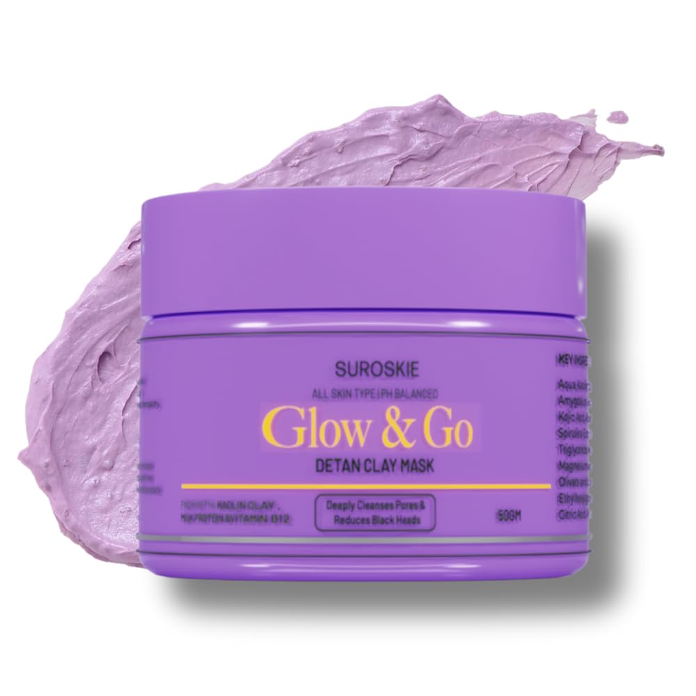 Suroskie Glow & Go De-Tan Clay Mask | Kaolin Clay & Kojic Extract | Removes Tan, Dark Spots & Blackheads | Deep Cleansing & Brightening Face Pack For Glowing Skin | All Skin Types | Men & Women 50G