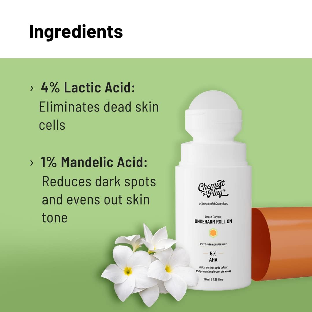 Chemist at Play UnderArm Roll-On Deodorant with 5% AHA, Lactic Acid & 1% Mandelic Acid | Prevents Body Odour, Brightens Skin & Exfoliates Underarm | White Jasmine Fragrance 40ml (Pack of 2)