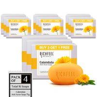 Richfeel Calendula Anti Acne Brightening Soap | Bathing Soaps | Bath Soap for Men & Women | Soaps for Bath | TFM Grade 1 Soap | For Oily Skin | Fades Dark Spots | - 75Gm X 4 (B3G1) Pack of 4