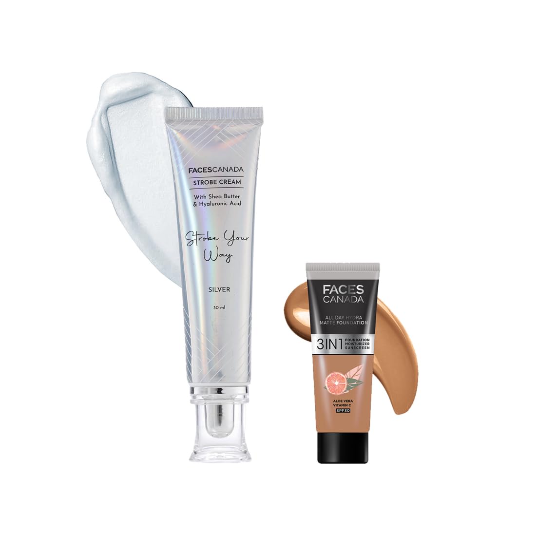 FACESCANADA Celeb Glow Kit | Silver Strobe Cream (30Ml) + Warm Sand All Day Hydra Matte Mini Foundation (15Ml) | Makeup Kit For Women (Combo Pack Of 2)