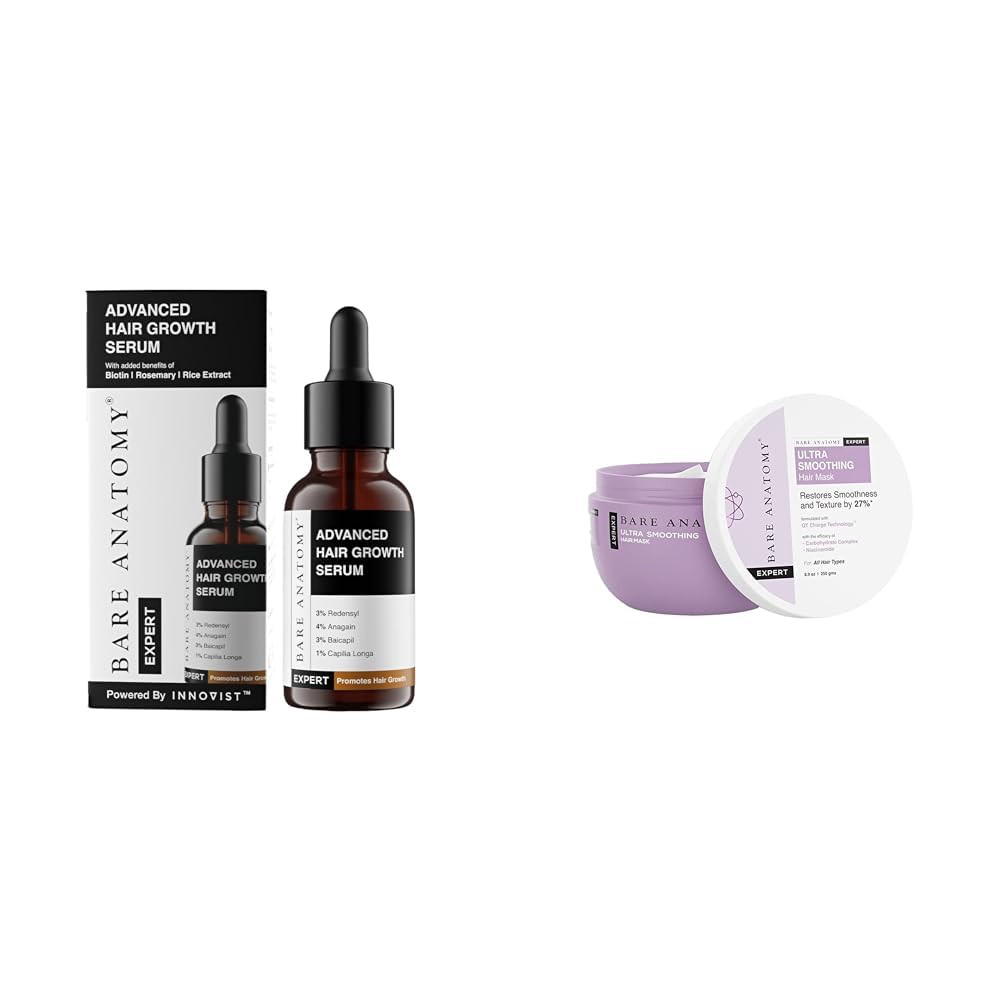Bare Anatomy Advanced Hair Growth Serum 30ml and Bare Anatomy Ultra Smoothing Hair Mask For Dry & Frizzy Hair For Women & Men | 250ml