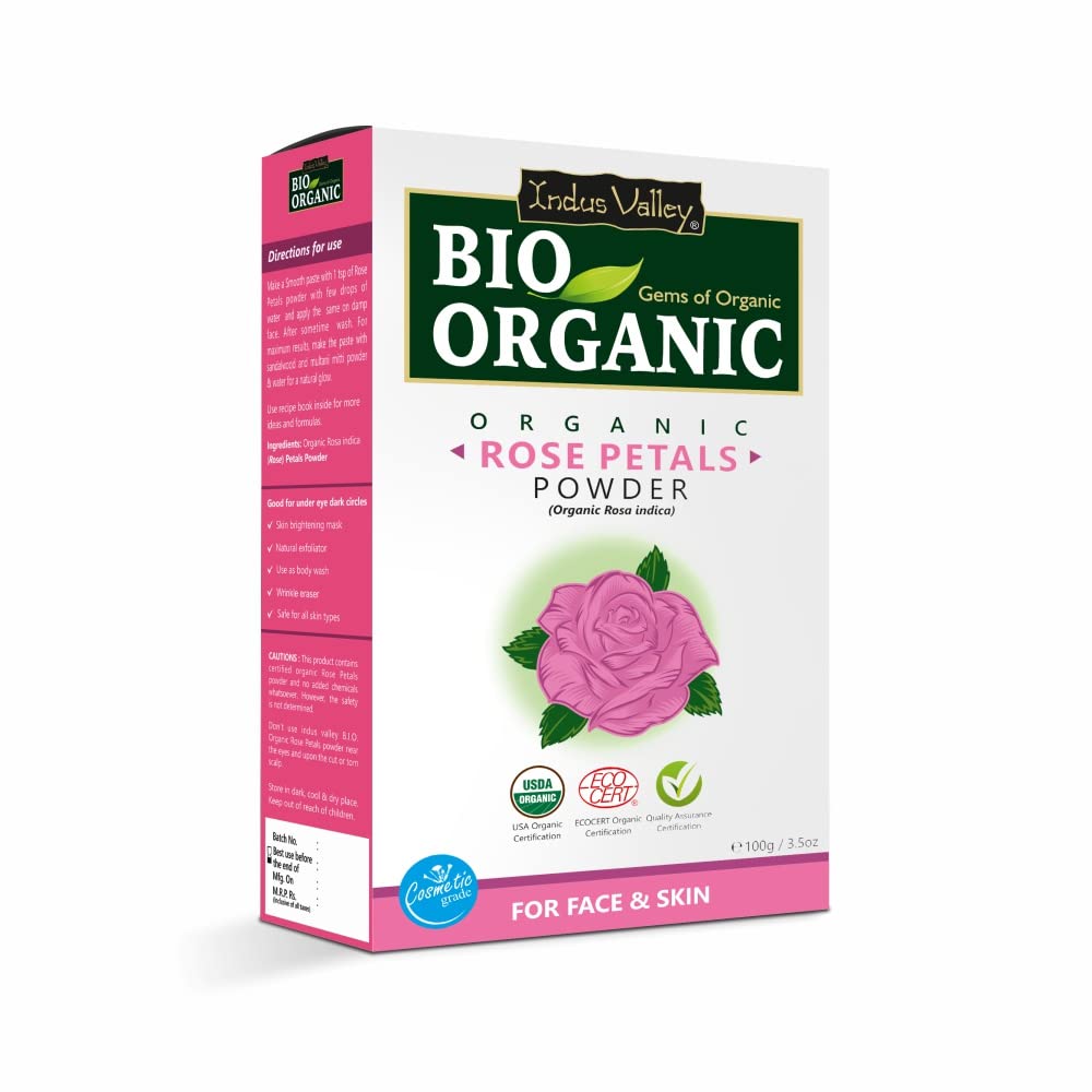 INDUS VALLEY BIO Organic Rose Petals Powder | Rosa indica, Orange Peel Powder | Citrus aurantium & Tulsi Powder | Ocimum Sanctum - (100x3 = 300g)