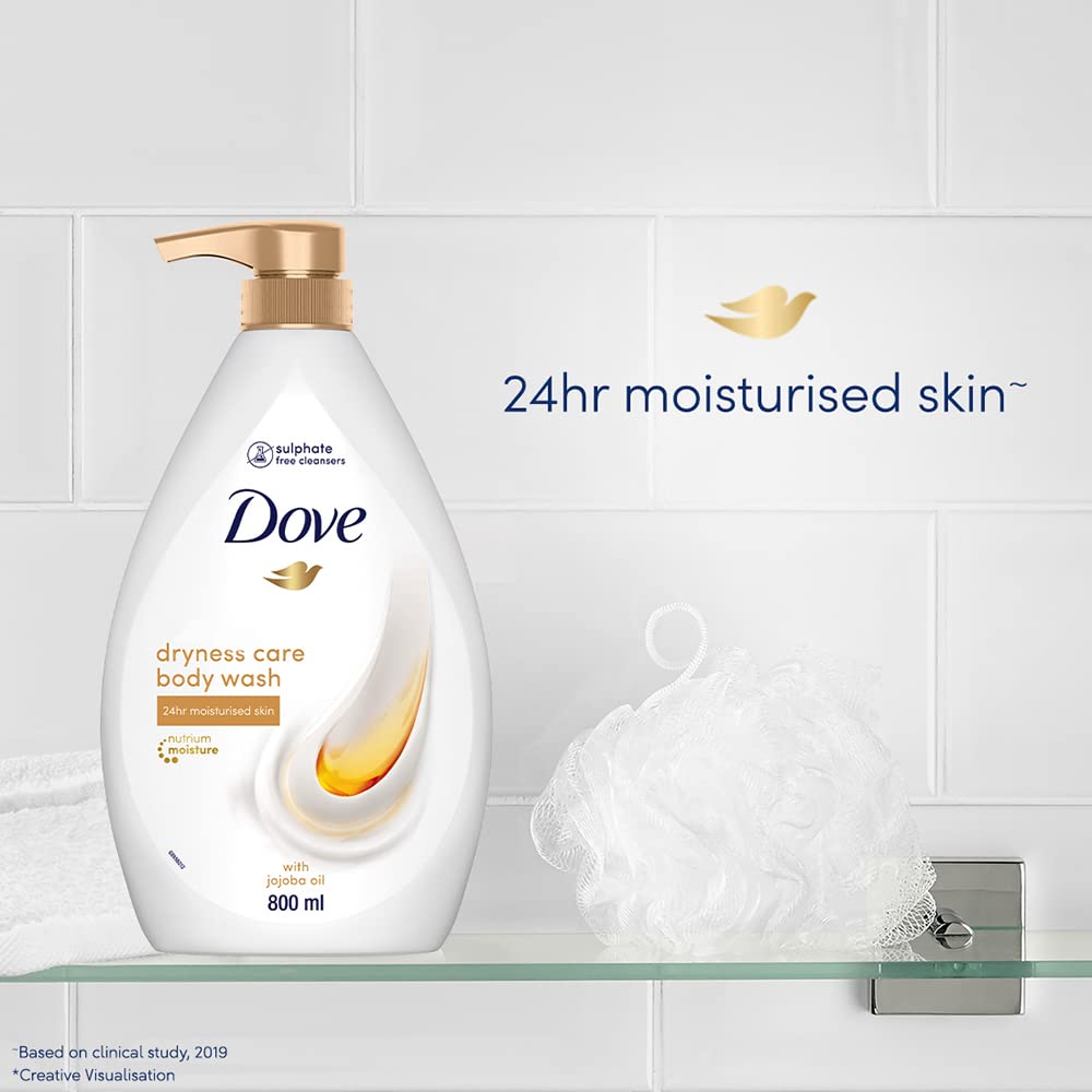 Dove Dryness Care Bodywash infused with Jojoba Oil to deeply nourish your skin, 100% gentle and paraben free/sulphate free cleansers, 100% plant- based moisturisers, 800ml
