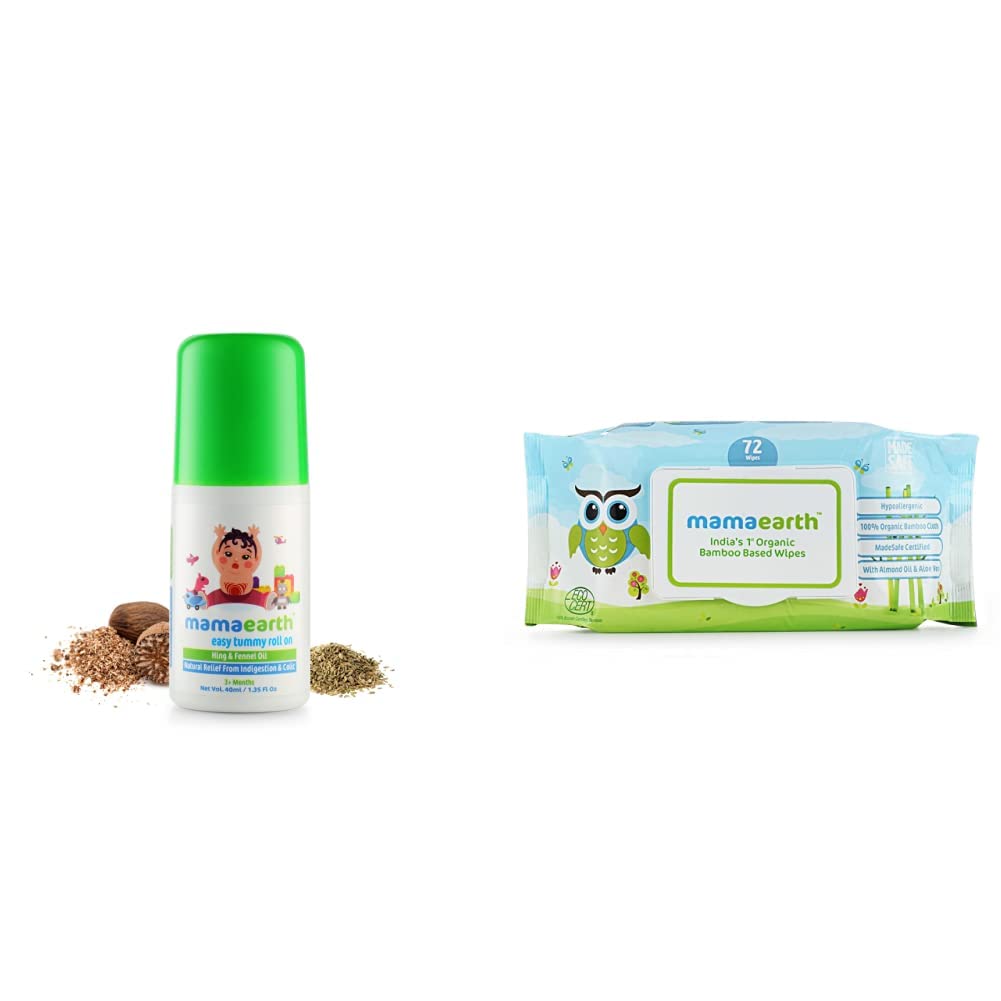 Mamaearth Easy Tummy Roll On for Digestion & Colic Relief with Hing & Fennel 40Ml & India's First Organic Bamboo Based Baby Wipes (72 Wipes) Combo
