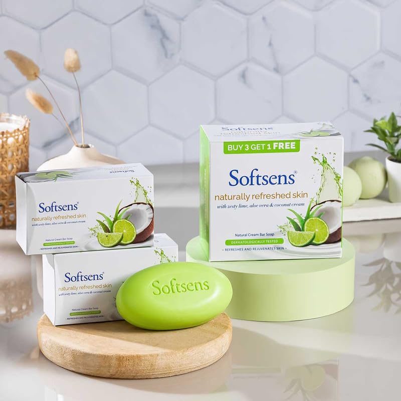 Softsens Naturally Refreshed Skin Cream Bar Soap Made with 100% natural vegetable oil and Zesty Lime, Coconut cream | Daily-Use Bathing Bar Parabens, SLS, SLES & Phthalates Free Pack of 4(100g x 4)