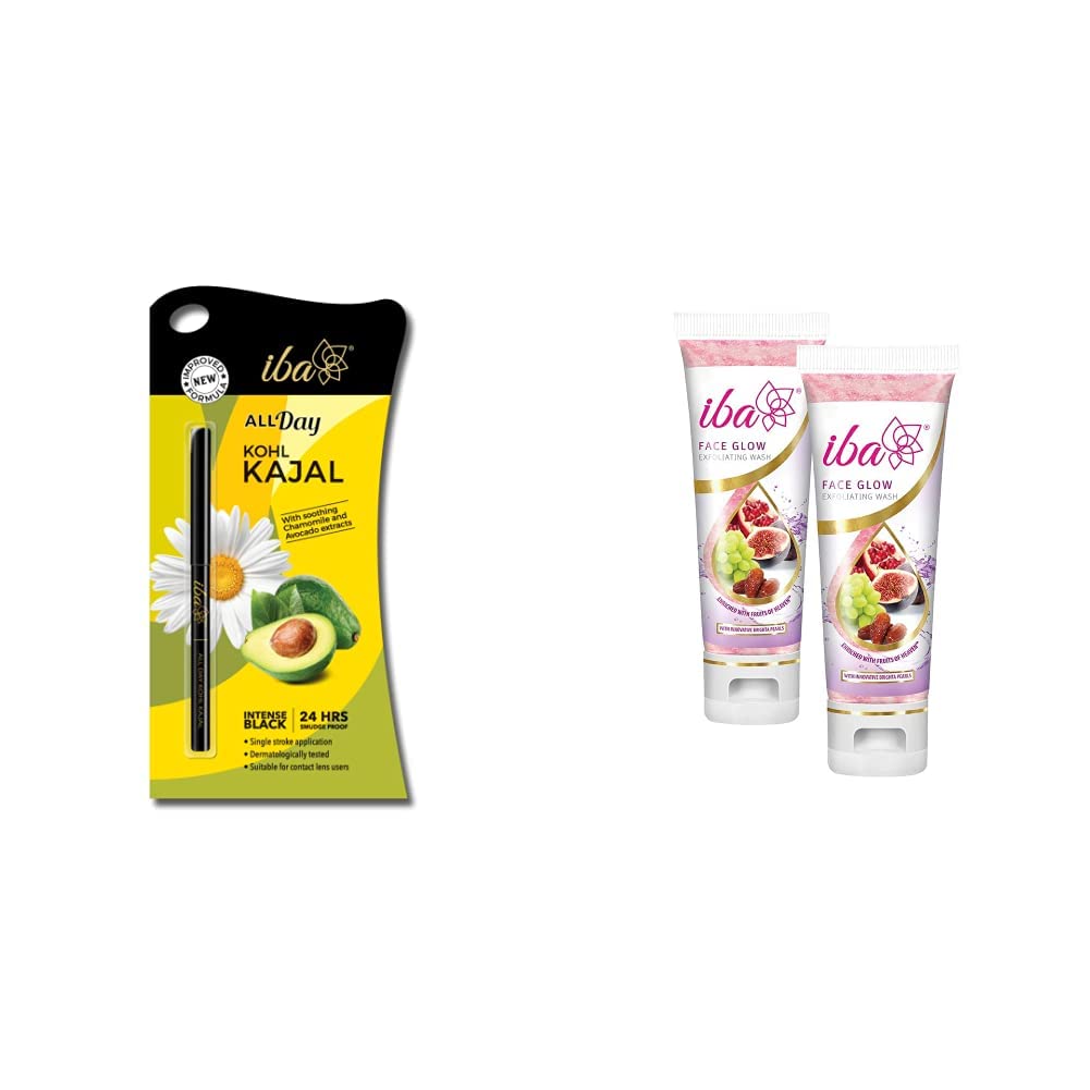 Iba Halal Care All Day Kohl Kajal, Jet Black, 0.35g and Iba Halal Care Face Glow Exfoliating Wash, 100ml (Pack of 2)