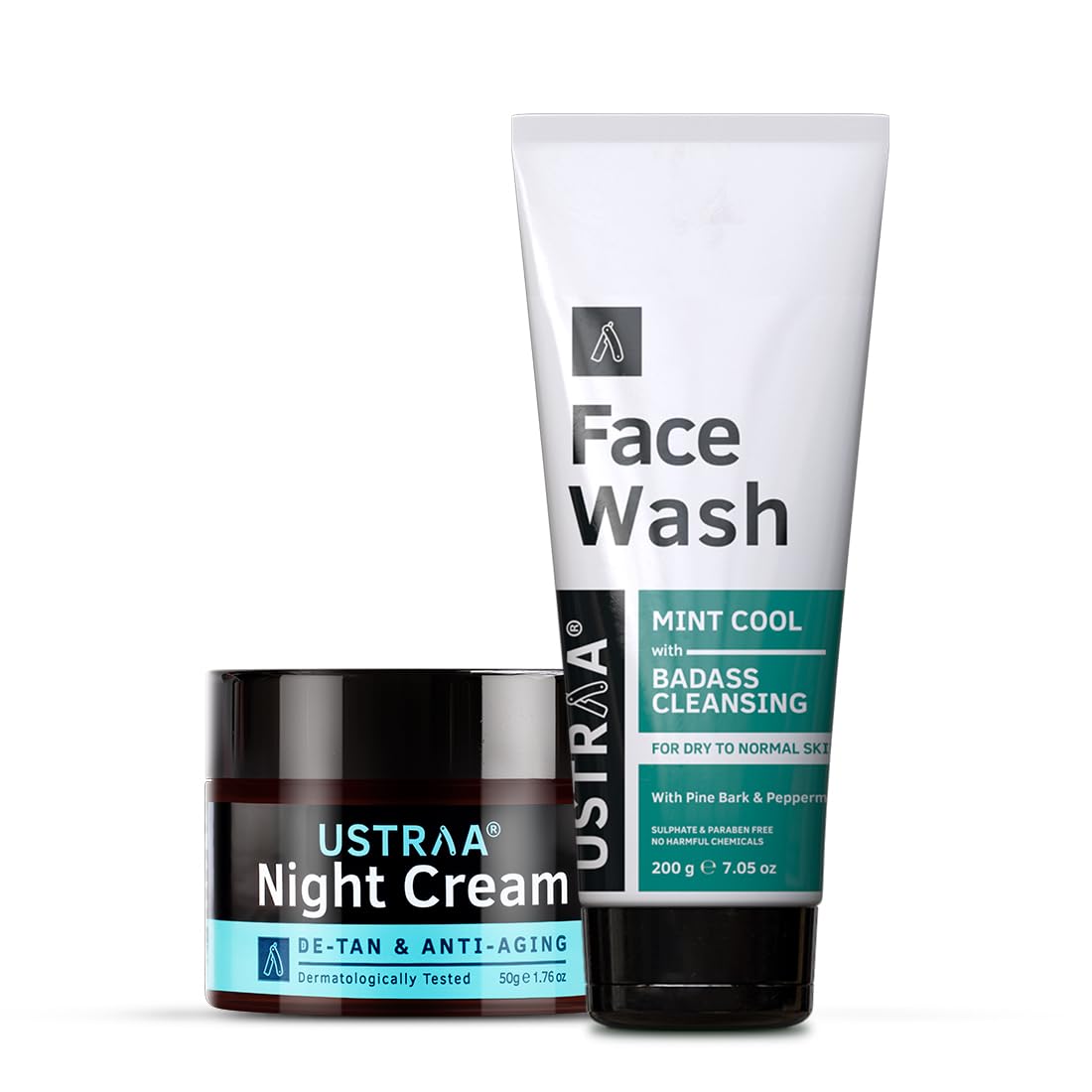 Ustraa Face Wash - Mint Cool - For Dry to Normal Skin - 200g | Reduces Moisture Loss | Removes Dirt & Night Cream - De-Tan & Anti-Aging Cream for Men - 50g | for Effective Tan Removal