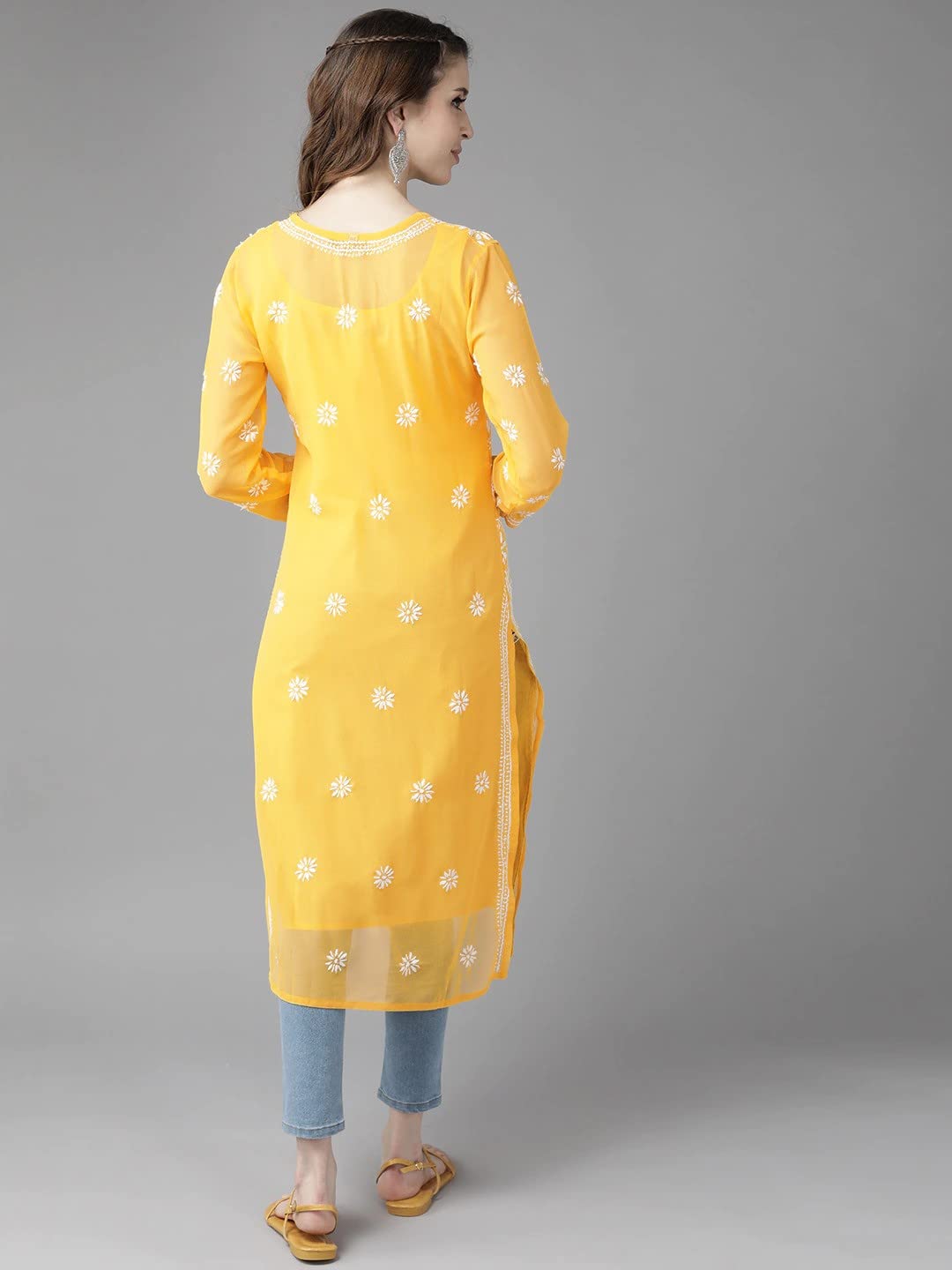 Ada Hand Embroidered Women's  Georgette Lucknowi Chikankari Kurta with Slip A90397 White