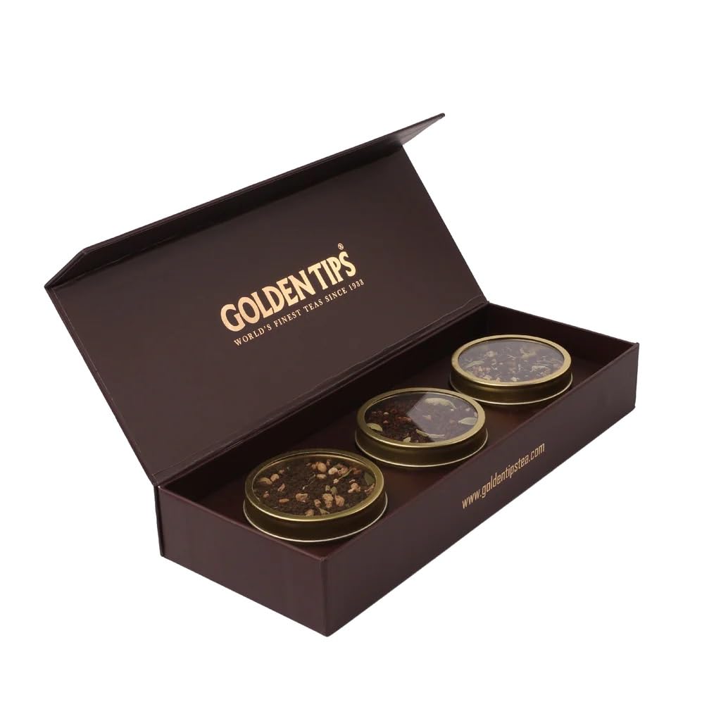 Golden Tips Luxury Tea Gift Pack, 3 Flavor Chai Sampler with Masala, Ginger & Kadak Chai, Exquisite Packaging for Festive Gifts, Weddings, Birthdays & Celebrations"