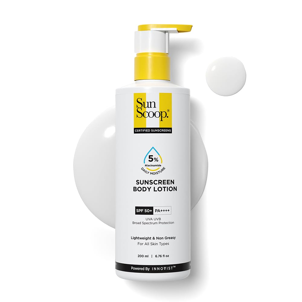 SunScoop 5% Niacinamide Daily Moisture Sunscreen Body Lotion SPF 50+ PA++++ | 24-Hours Moisturization | Prevents Tan & Sunburn | Reduces Pigmentation | Lightweight & Non-sticky | Leaves No White Cast | For All Skin Types | Body Sunscreen for Summer | 200