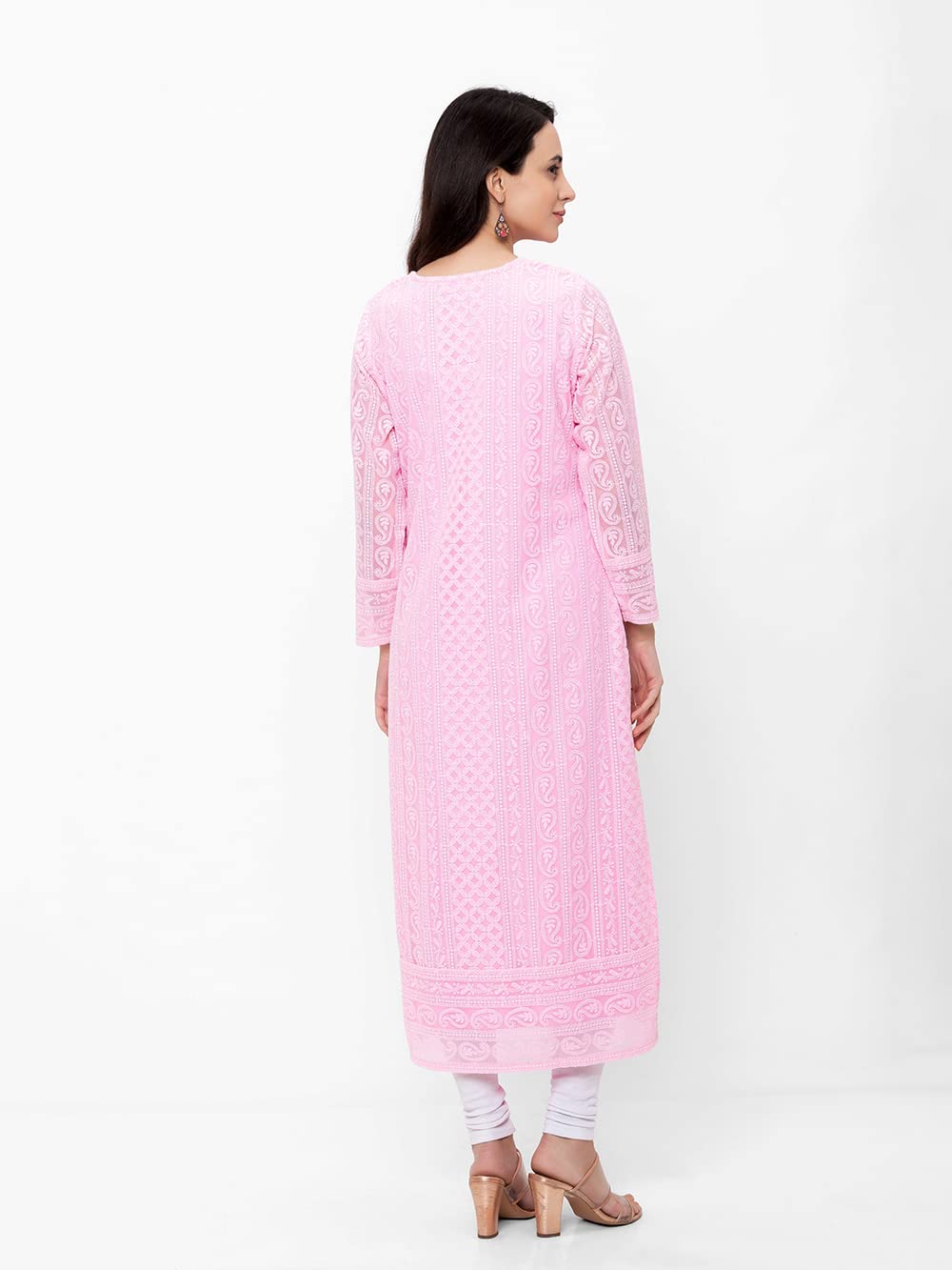 ZOLA Exclusive Georgette Round Neck with Full Sleeves and Calf Length Luckhnowi Chikan Kari Kurta with Button Placket on Yolk Ethnic Wear Straight Kurta for Women Pack of 1