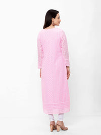 ZOLA Exclusive Georgette Round Neck with Full Sleeves and Calf Length Luckhnowi Chikan Kari Kurta with Button Placket on Yolk Ethnic Wear Straight Kurta for Women Pack of 1