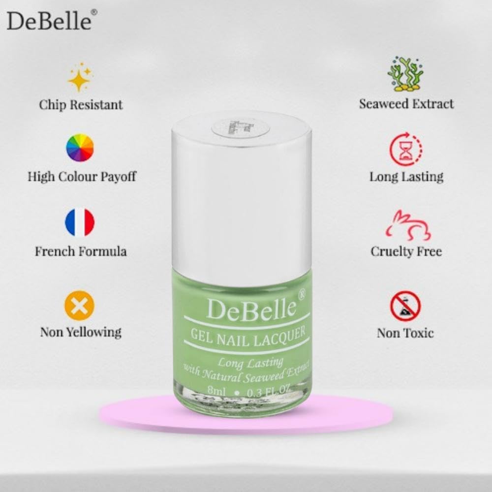 Debelle Gel Nail Polish Fleur Pistachio (Turquoise Mint Green Nail Paint)|Non Uv - Gel Glossy Finish |Chip Resistant | Seaweed Enriched Formula| Long Lasting|Cruelty And Toxic Free| 8Ml
