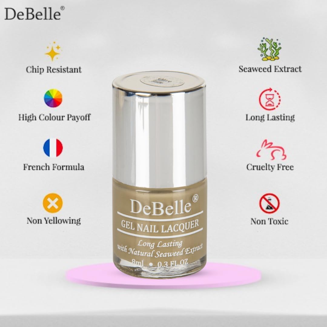 DeBelle Gel Nail Polish Olive Jade(Pastel Olive Green Nail Paint)|Non UV - Gel Finish |Chip Resistant | Seaweed Enriched Formula| Long Lasting|Cruelty and Toxic Free| 8ml