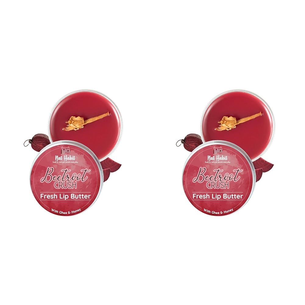 Nat Habit Lip Balm Fresh Beetroot Crush 10gm Lip Butter With Desi Ghee & Raw Honey For Natural Pink Lips, Nourishment, Dark And Chapped Lips - (Pack of 2)