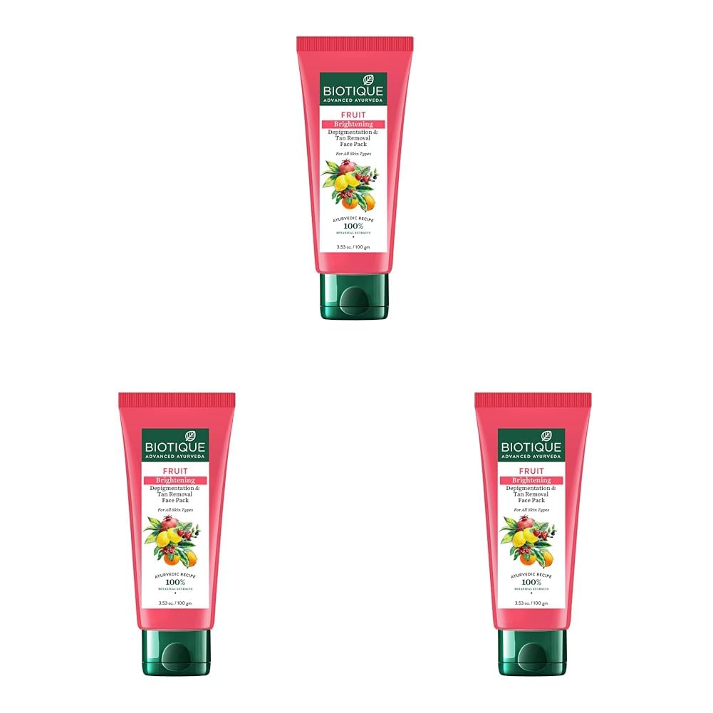 Biotique Fruit Brightening Depigmentation and Tan Removal Face Pack| Ayurvedic and Organically Pure| Tan Removal Face Pack for All Skin Types|100% Botanical Extracts| 100gm (Pack of 3)