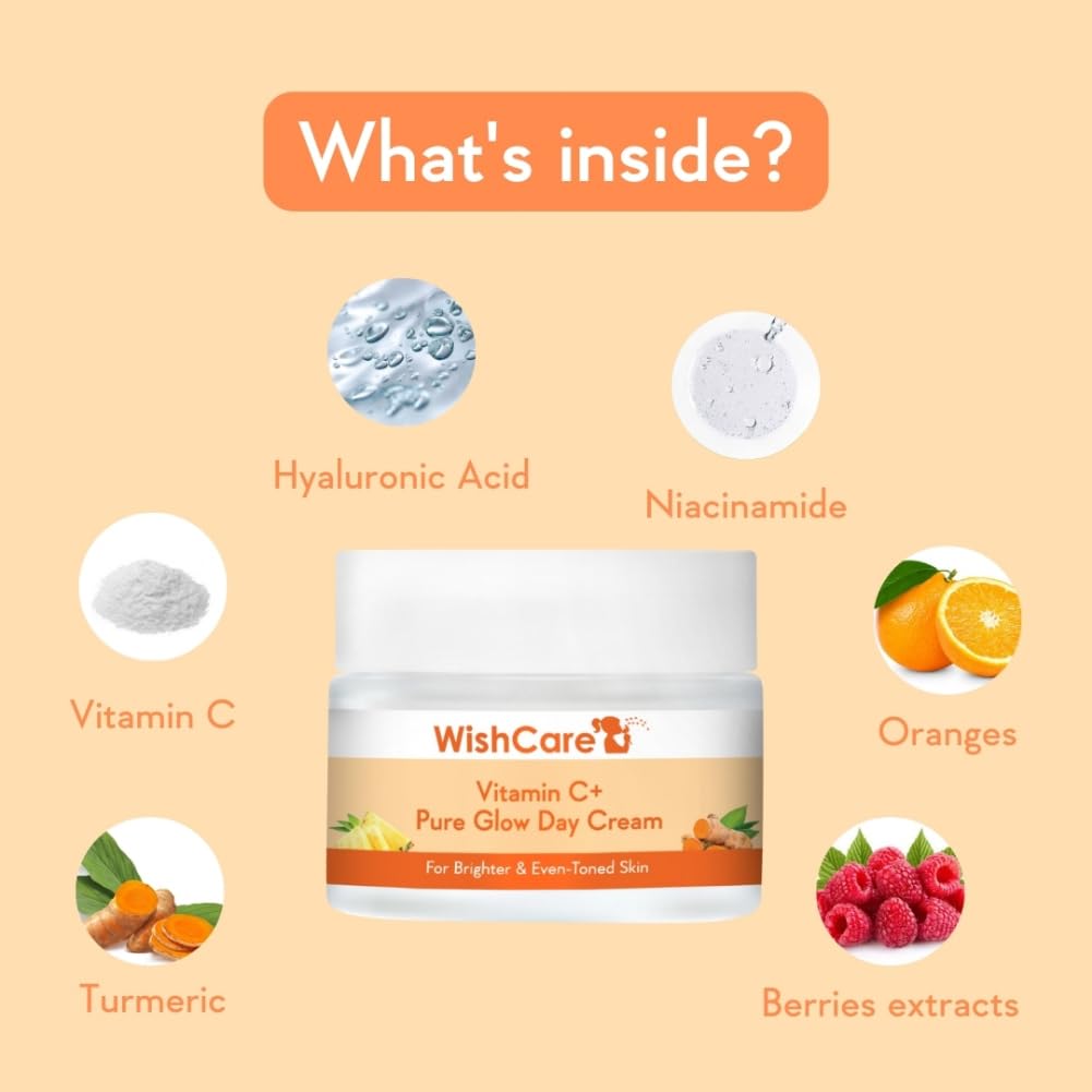 WishCare Pure Glow Vitamin C Face Cream for Women & Men - Day & Night Cream - For Glowing, Bright, Young and Pigmentation Removal - With Hyaluronic Acid, Niacinamide, Oranges, Berries & Turmeric-50 gm (PGFC50)