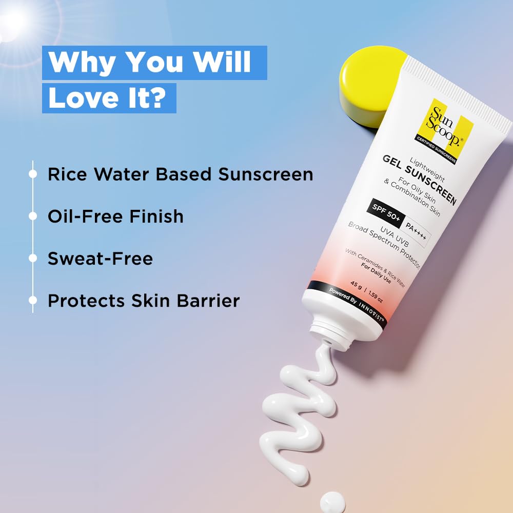 SunScoop Ceramides & Rice Water Gel Sunscreen | SPF 50+ PA++++ | For Oily & Combination Skin | Oil-Free Finish | Sweat-Free | Lightweight Formula | Protects Skin Barrier | 45g