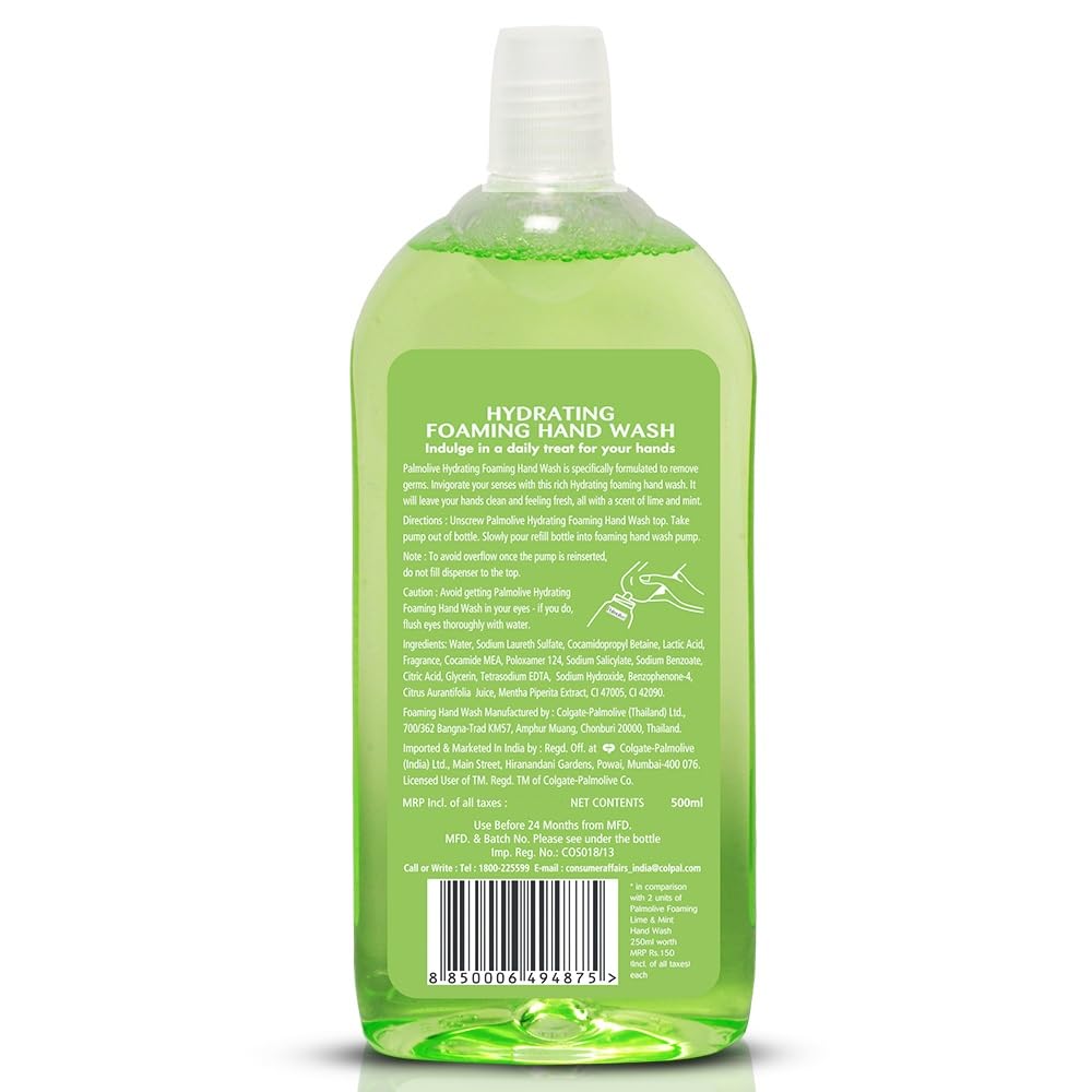 Palmolive Hydrating Foaming Lime & Mint Liquid Hand Wash, 500ml Refill Bottle, Removes Germs, Refreshing Fragrance