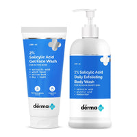 The Derma Co. Anti-acne Face & Body Cleanse Combo (2% Salicylic Acid Gel Face Wash 100ml + The Derma Co 1% Salicylic Acid Daily Exfoliating Body Wash with Salicylic Acid , Glycolic Acid & PENTAVITIN® - 250ml) |Fights Active Acne | Deeply Cleanses | Smooth