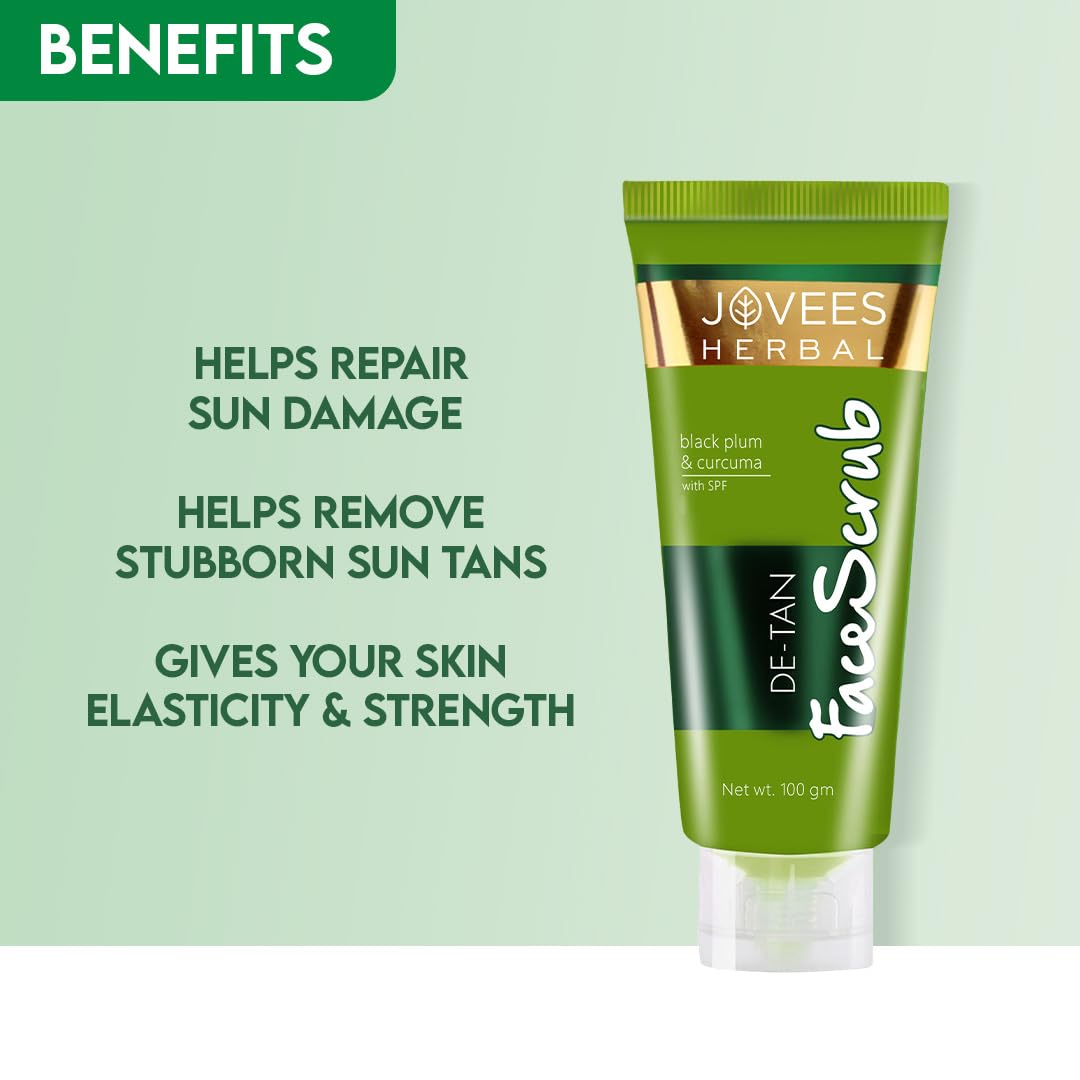 Jovees Herbal De-Tan Scrub With SPF For Brightening & Revitalizing Face Scrub | Remove Dead Skin | Gentle Exfoliation, Smooth and Clear Complexation With Turmeric & Aloe Vera | For All Skin Type- 100g