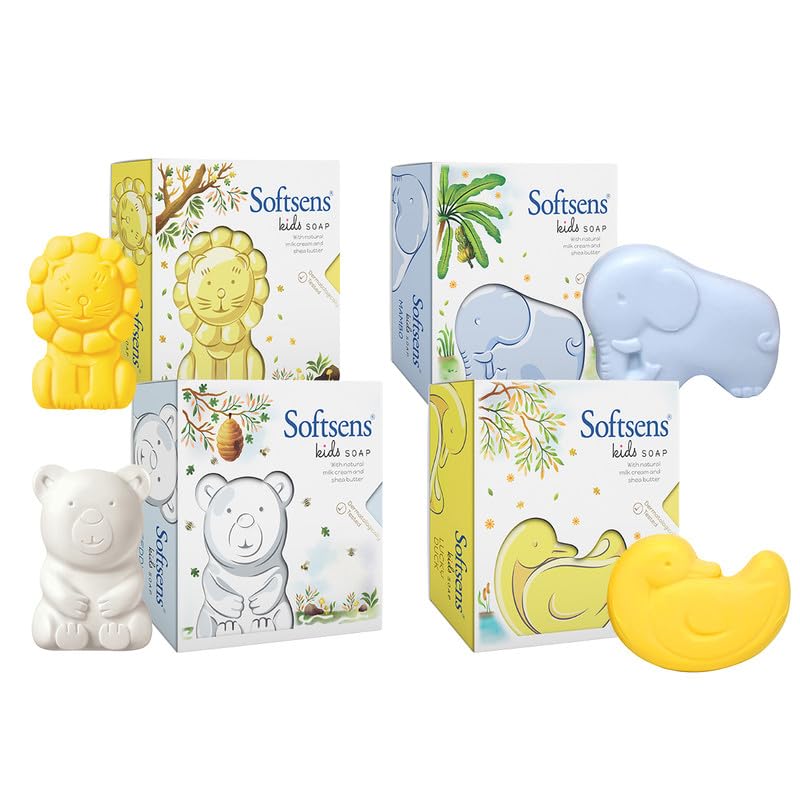 Softsens Assorted Pack of 4 Kids Soap | Gentle & Nourishing with Shea Butter & Milk Cream | Dermatologist Tested and Approved (75gm)