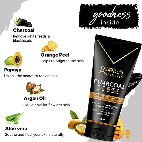 Globus Naturals Anti Pollution & Anti Acne Charcoal Peel Off Mask, Detoxifying Face mask, Fights Pollution and De-Tans skin, For Men with Oily & Acne Prone Skin, 100 gms, Pack Of 3
