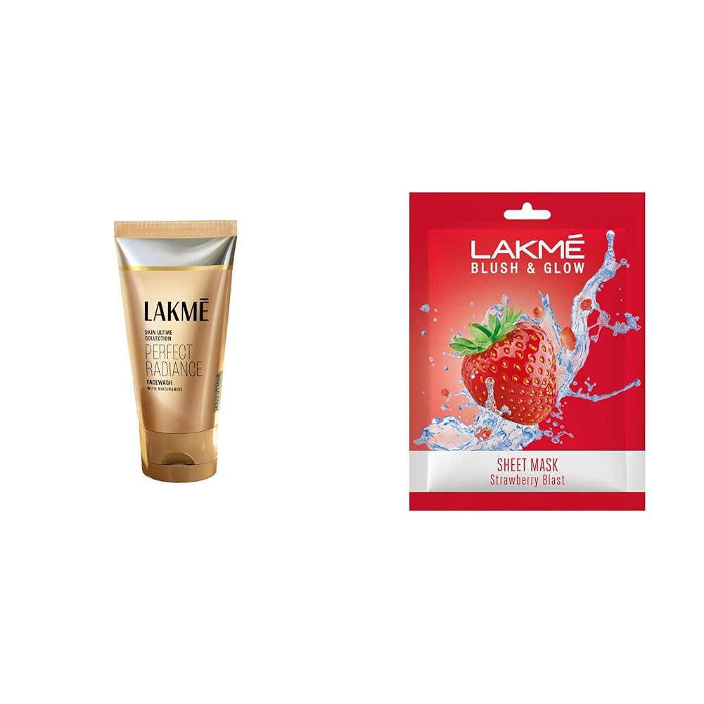 Lakmé Perfect Radiance Brightening Facewash with 98% Pure Niacinamide Complex | For Glowing Skin wi,Lakmé Blush & Glow Strawberry Sheet Mask, 25 Ml