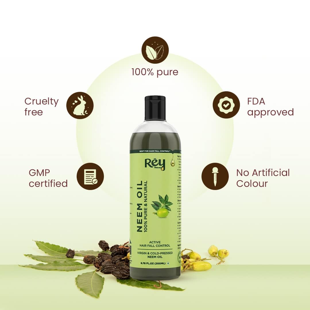 Rey Naturals Pure Neem Oil For Skin & hair | Neem Oil for Hair Growth, Dandruff Relief, Scalp Infection & Healthy Hair | Body Massage Oil For Men And Women - 200ML pack of 2