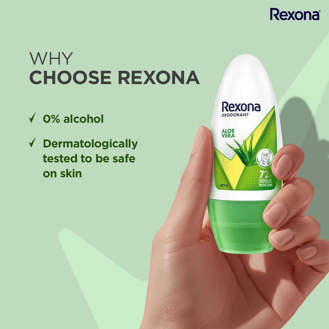 Rexona Aloe Vera Underarm Roll On Deodorant For Women, Antiperspirant, Removes Odour, Keeps Skin Fresh & Clean, Alcohol Free, Skin Friendly, 50 ml (Pack of 2)