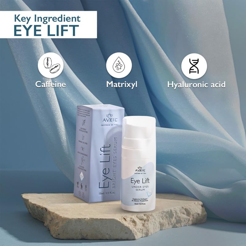 AVEIL Eye Lift Under Eyes Serum | With Hyaluronic Acid, Caffeine & Matrixyl | Smoothens Fine Lines & Wrinkles | Fades Dark Circles | For All Skin Types | Reduces Puffiness | Pack of 1-15ml