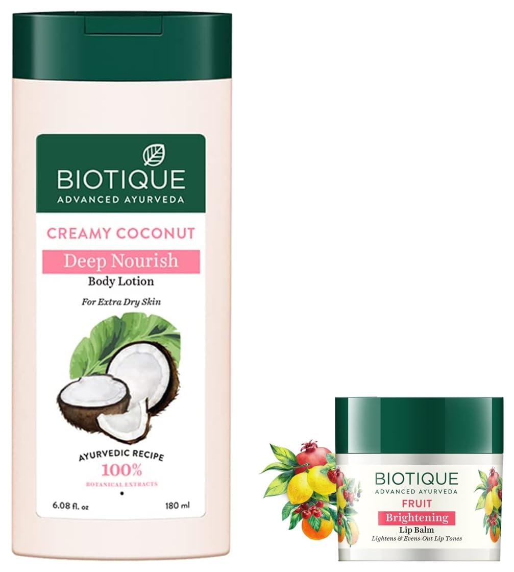 Biotique Bio Fruit Whitening Lip Balm, 12g & Biotique Bio Creamy Coconut Ultra-Rich Body Lotion for Extra Dry Skin, 180ml